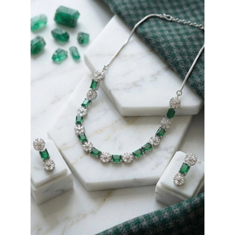 Generic Women's Brass Silver Plated Necklace set (Green) Main image