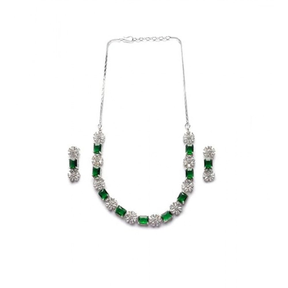 Generic Women's Brass Silver Plated Necklace set (Green) Secondary image