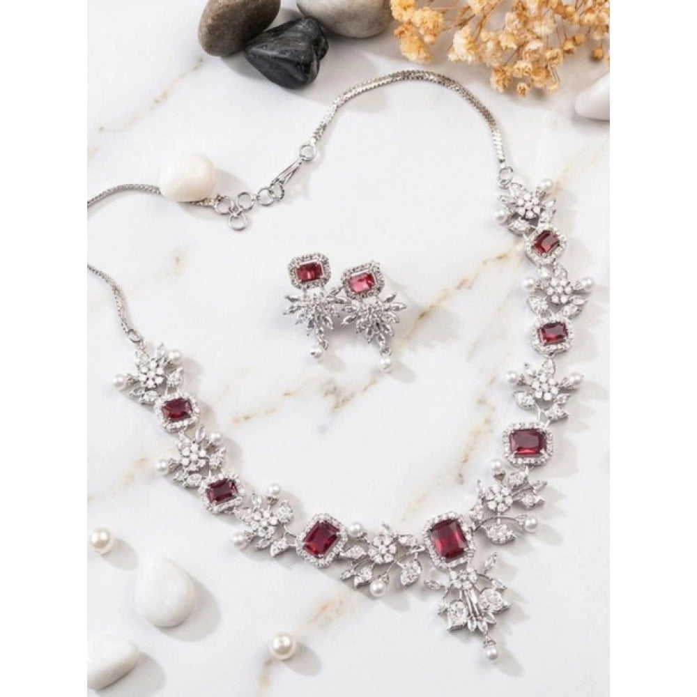 Generic Women's Brass Silver Plated Necklace set (Red) Main image
