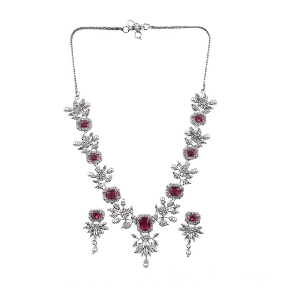 Generic Women's Brass Silver Plated Necklace set (Red) Secondary image