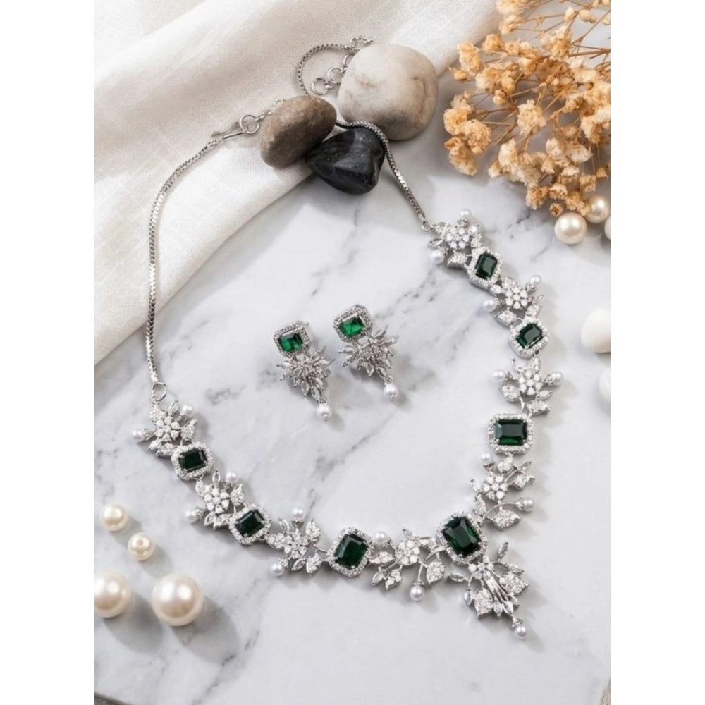 Generic Women's Brass Silver Plated Necklace set (Green) Main image