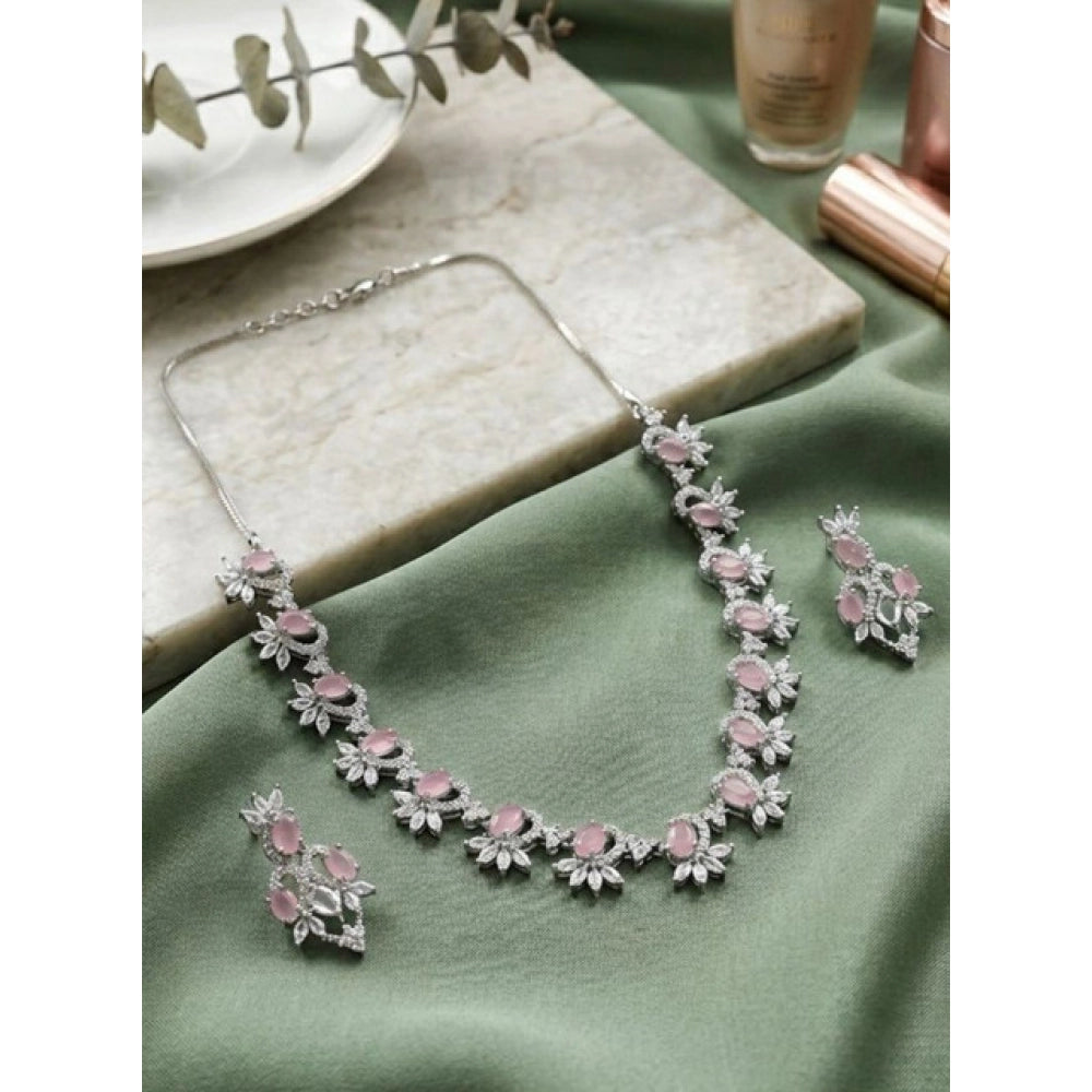 Generic Women's Brass Silver Plated Necklace set (Pink) Main image