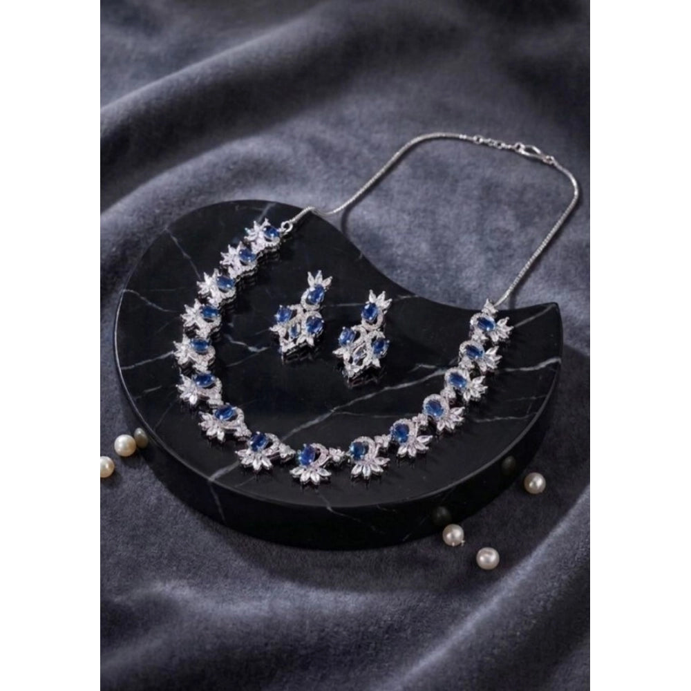 Generic Women's Brass Silver Plated Necklace set (Blue) Main image