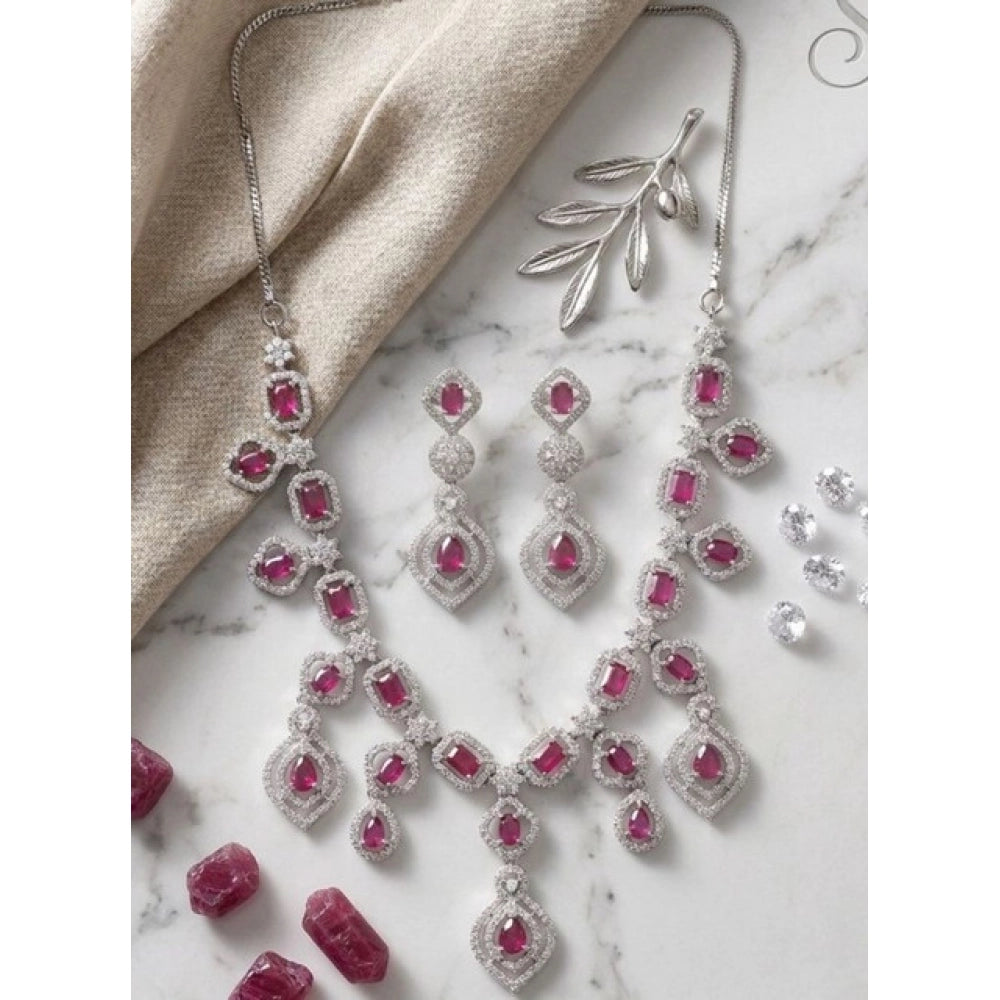 Generic Women's Brass Silver Plated Necklace set (Red) Main image