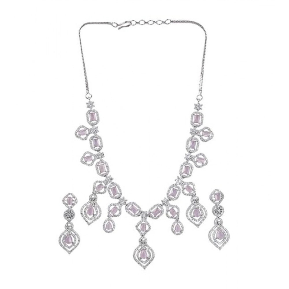 Generic Women's Brass Silver Plated Necklace set (Pink) Secondary image