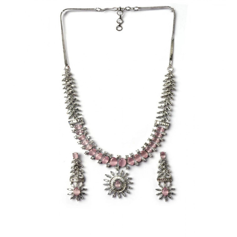 Generic Women's Brass Silver Plated Necklace set (Pink) Secondary image
