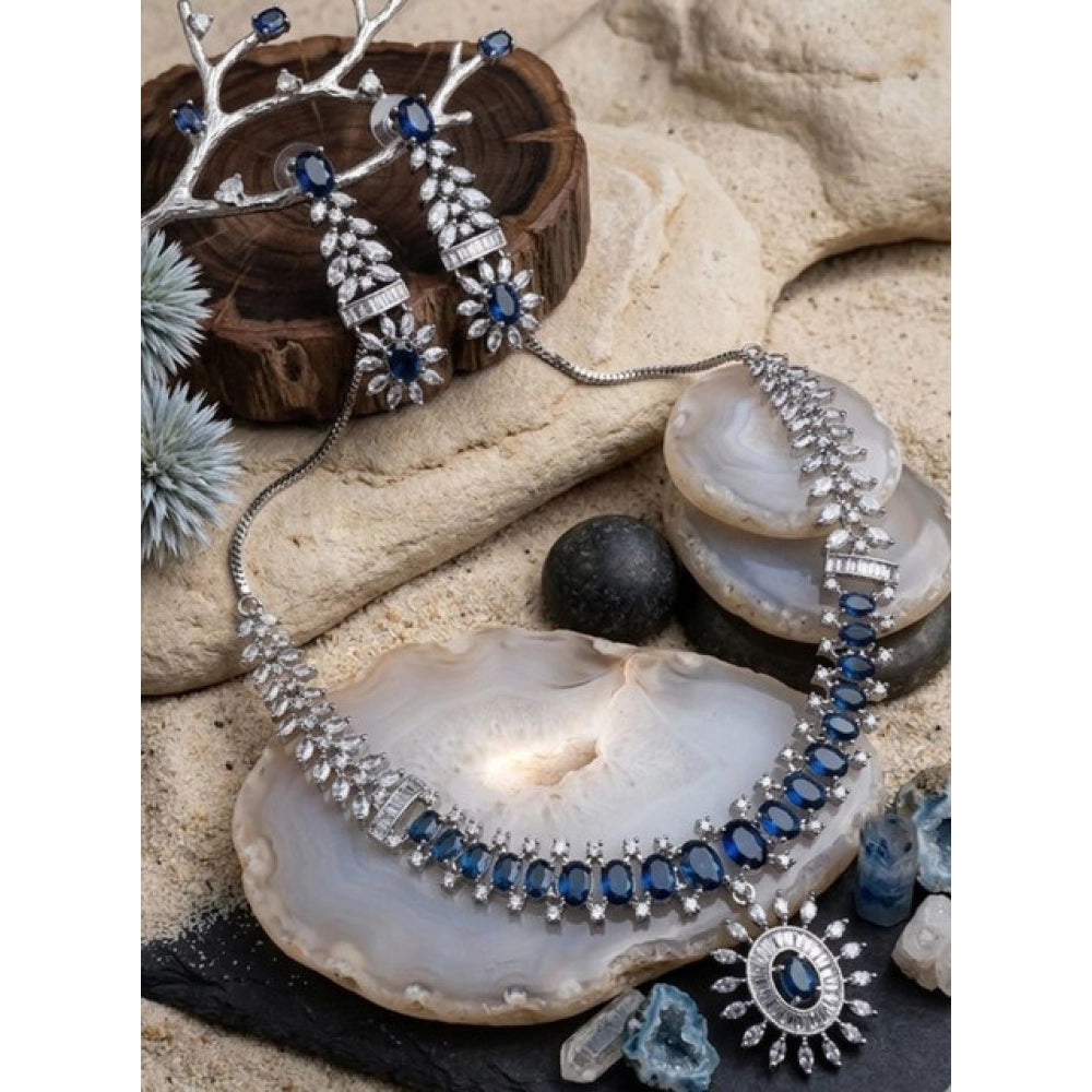 Generic Women's Brass Silver Plated Necklace set (Blue) Main image