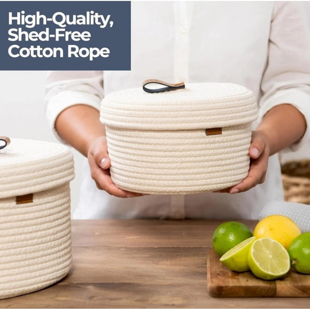 Generic Cotton 2 Pcs Set Roti Box Storage Basket With Lid (White) Main image