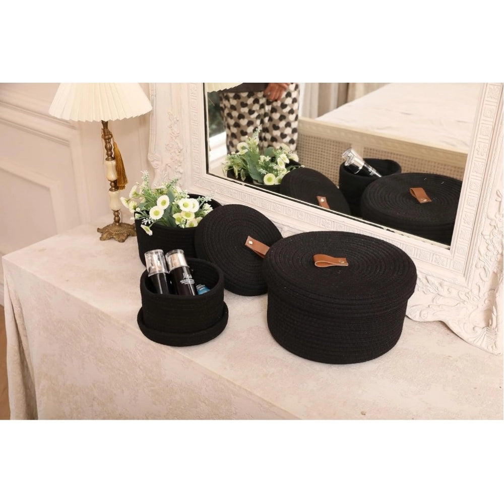 Generic Cotton 3 Pcs Set Roti Box Storage Basket With Lid (Black) Main image