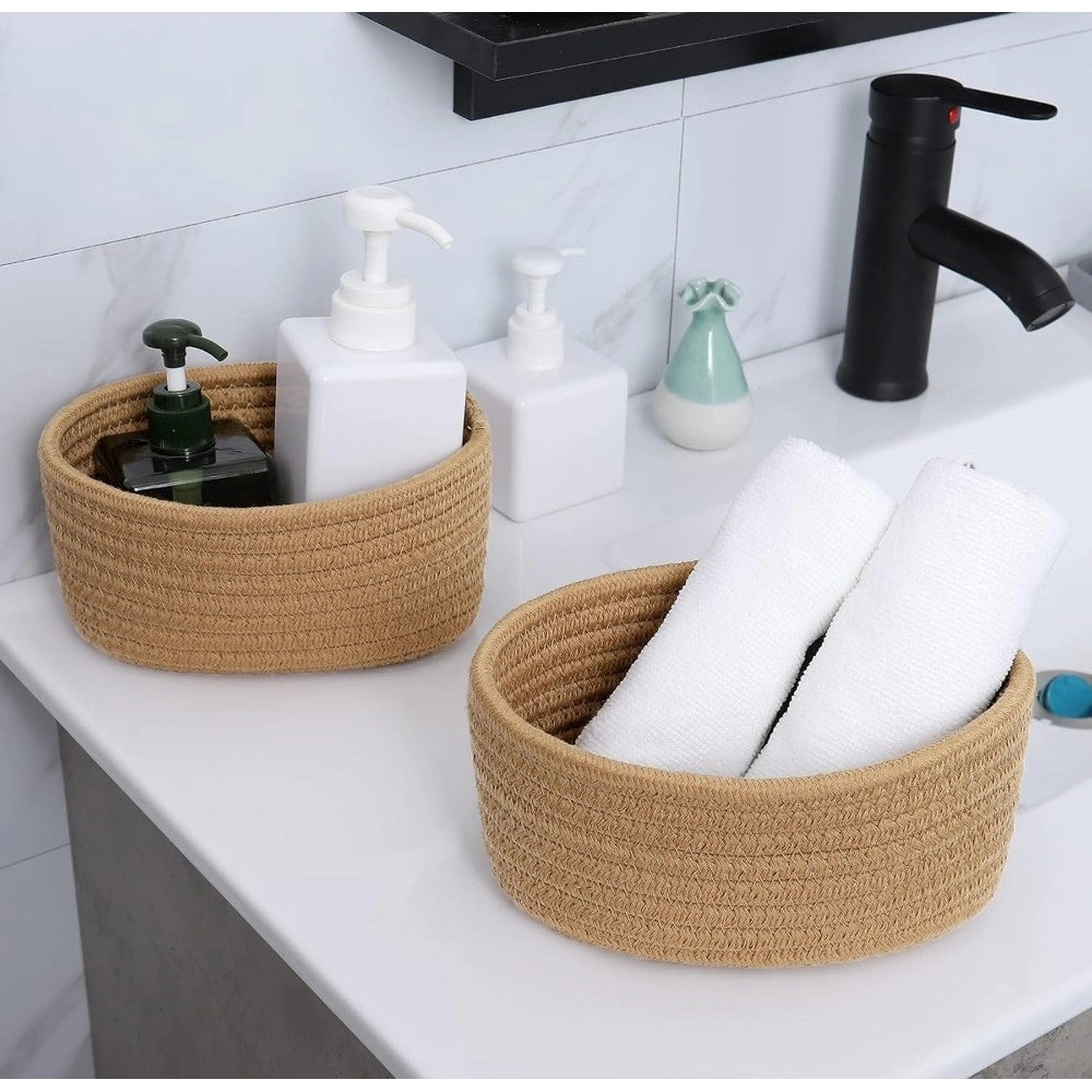 Generic Cotton 8x3 Inch Round 2 Set Bedside Organizer With Out Lid (Beige) Main image