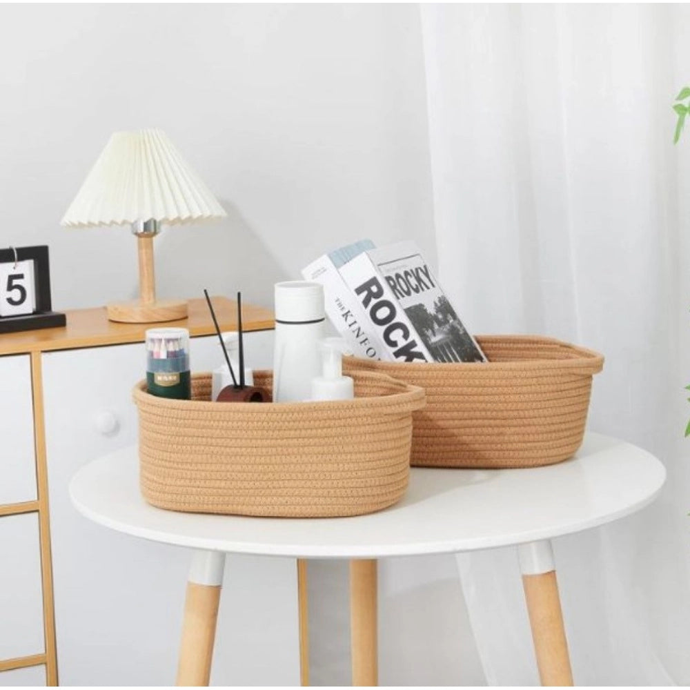 Generic Cotton 2 Pcs 10x7x4 Inch Oval Storage Basket For Clothes (Beige) Main image