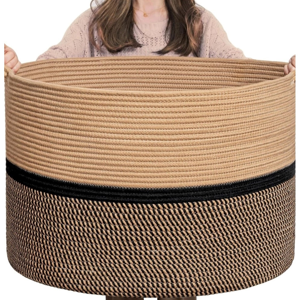 Generic Cotton Dori 16x14 Inch Storage Basket For Clothes With Out Lid (Beige-Beige-Black) Secondary image