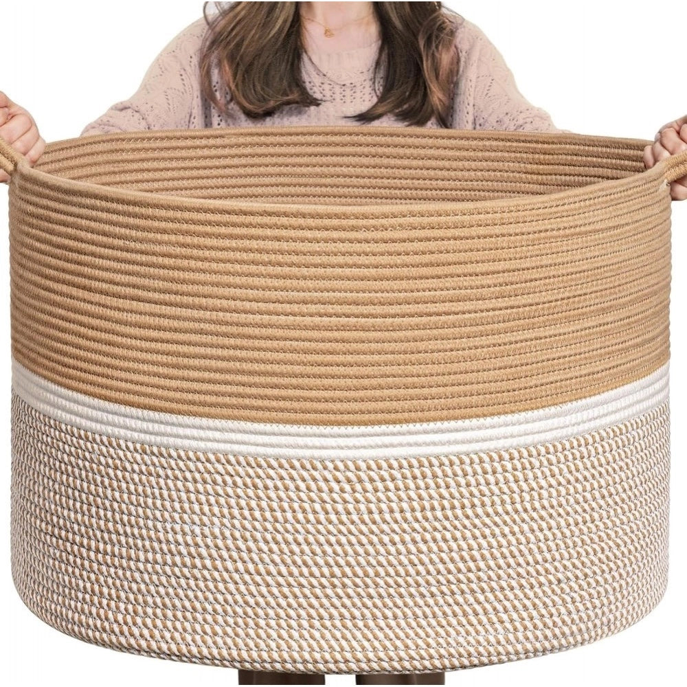 Generic Cotton Dori 16x14 Inch Storage Basket For Clothes With Out Lid (Beige-Beige-White) Secondary image