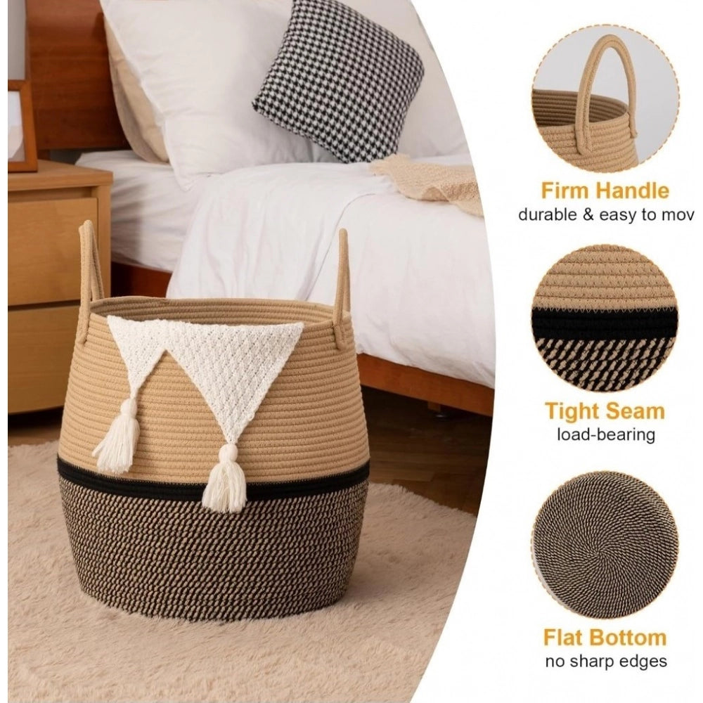 Generic Cotton Matka With Handle 14x12 Inch Storage Basket For Clothes With Out Lid (Beige-Black) Main image