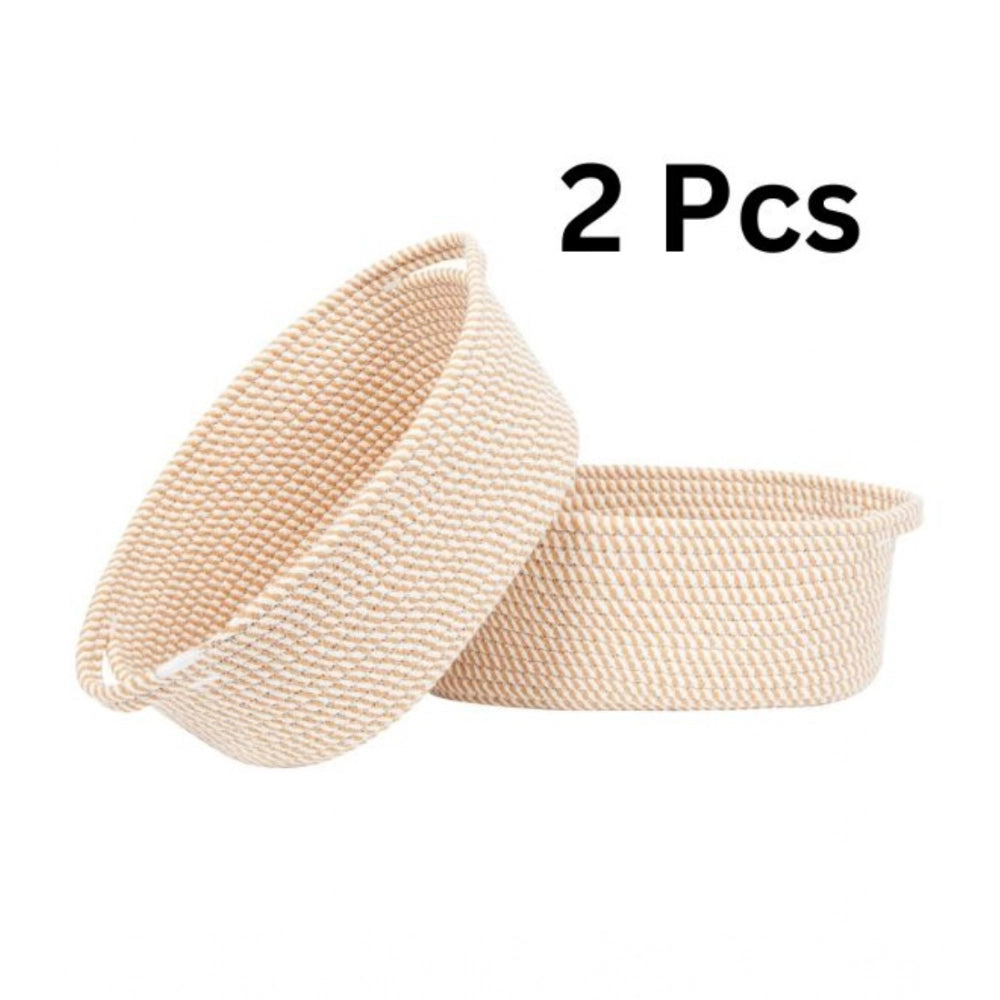 Generic Cotton 2 Pcs 10x7x4 Inch Oval Storage Basket For Clothes (Beige) Secondary image