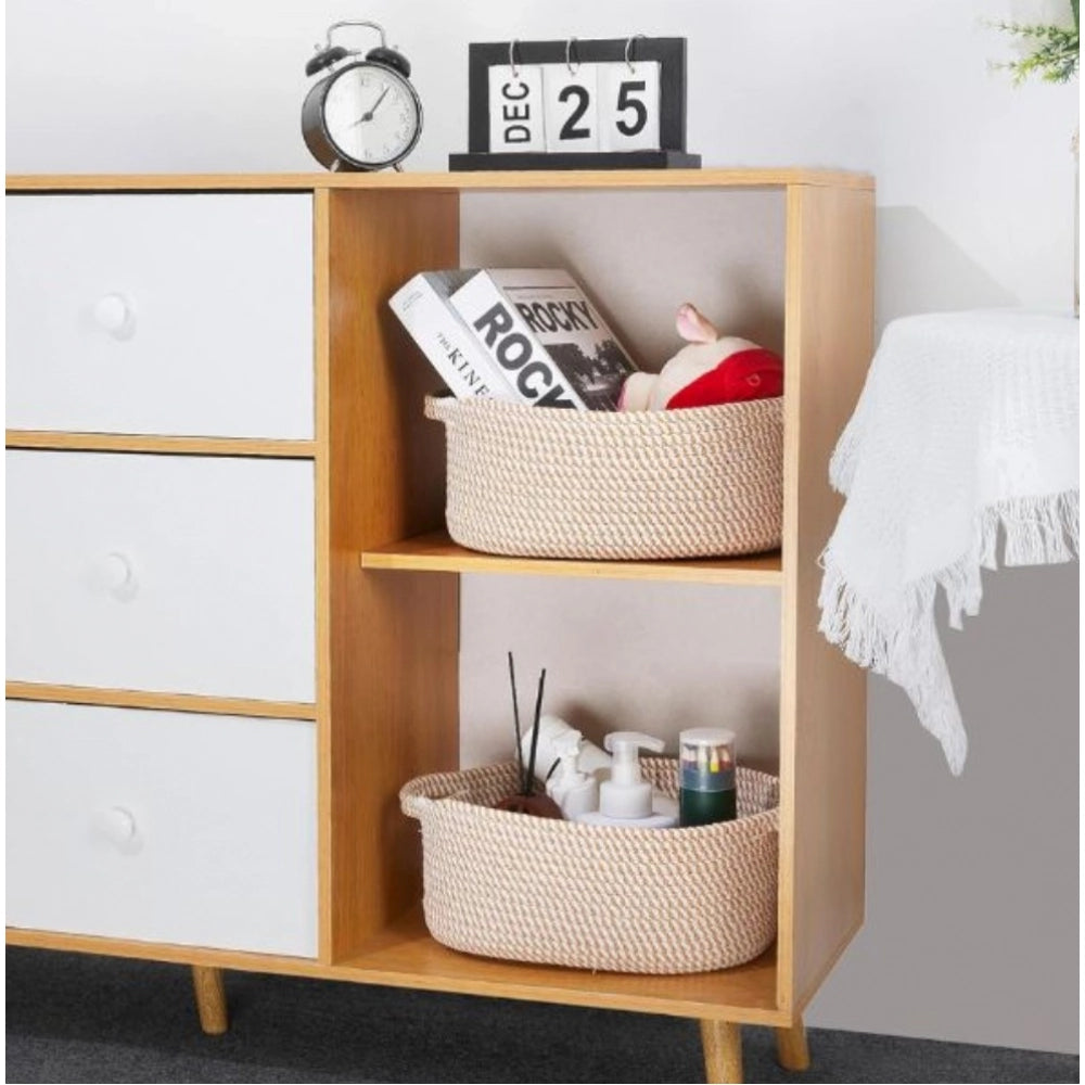 Generic Cotton 2 Pcs 10x7x4 Inch Oval Storage Basket For Clothes (Beige) Main image