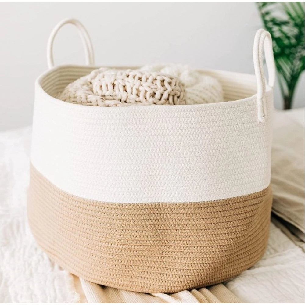 Generic Cotton Pack Of_1 12x14 Inch Laundry Storage Basket For Clothes (Beige-White) Main image