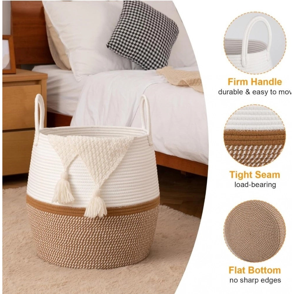 Generic Cotton Matka With Handle 14x12 Inch Storage Basket For Clothes With Out Lid (Beige-White) Main image