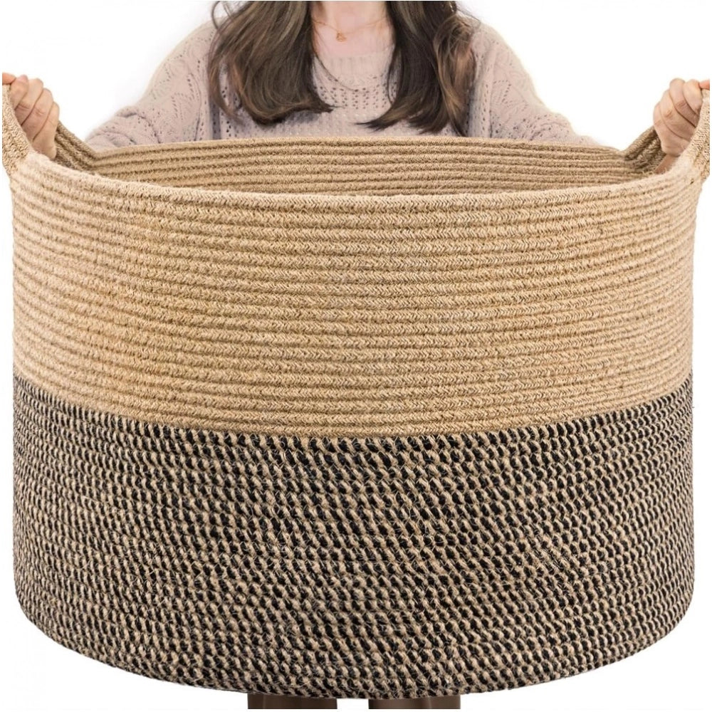 Generic Cotton Pack Of_1 16x14 Inch Storage Basket For Clothes With Out Lid (Beige-Beige-Black) Main image