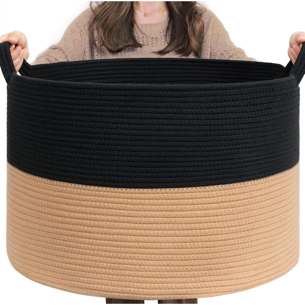 Generic Cotton Pack Of_1 16x14 Inch Storage Basket For Clothes With Out Lid (Black-Beige) Main image