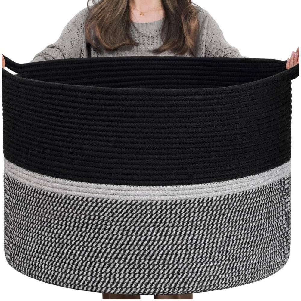 Generic Cotton Dori 16x14 Inch Storage Basket For Clothes With Out Lid (Black-Black-White) Secondary image