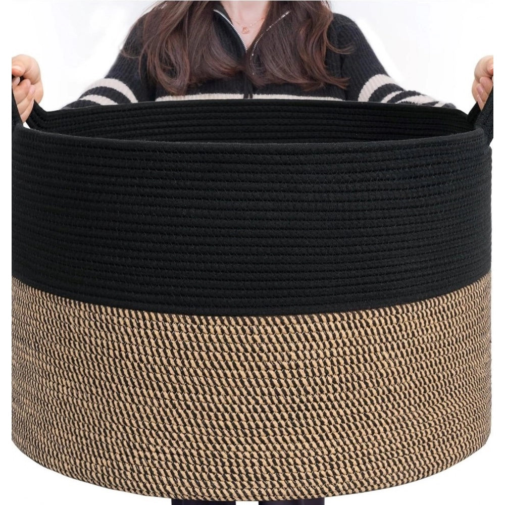 Generic Cotton Pack Of_1 16x14 Inch Storage Basket For Clothes With Out Lid (Black-Beige-Black) Secondary image