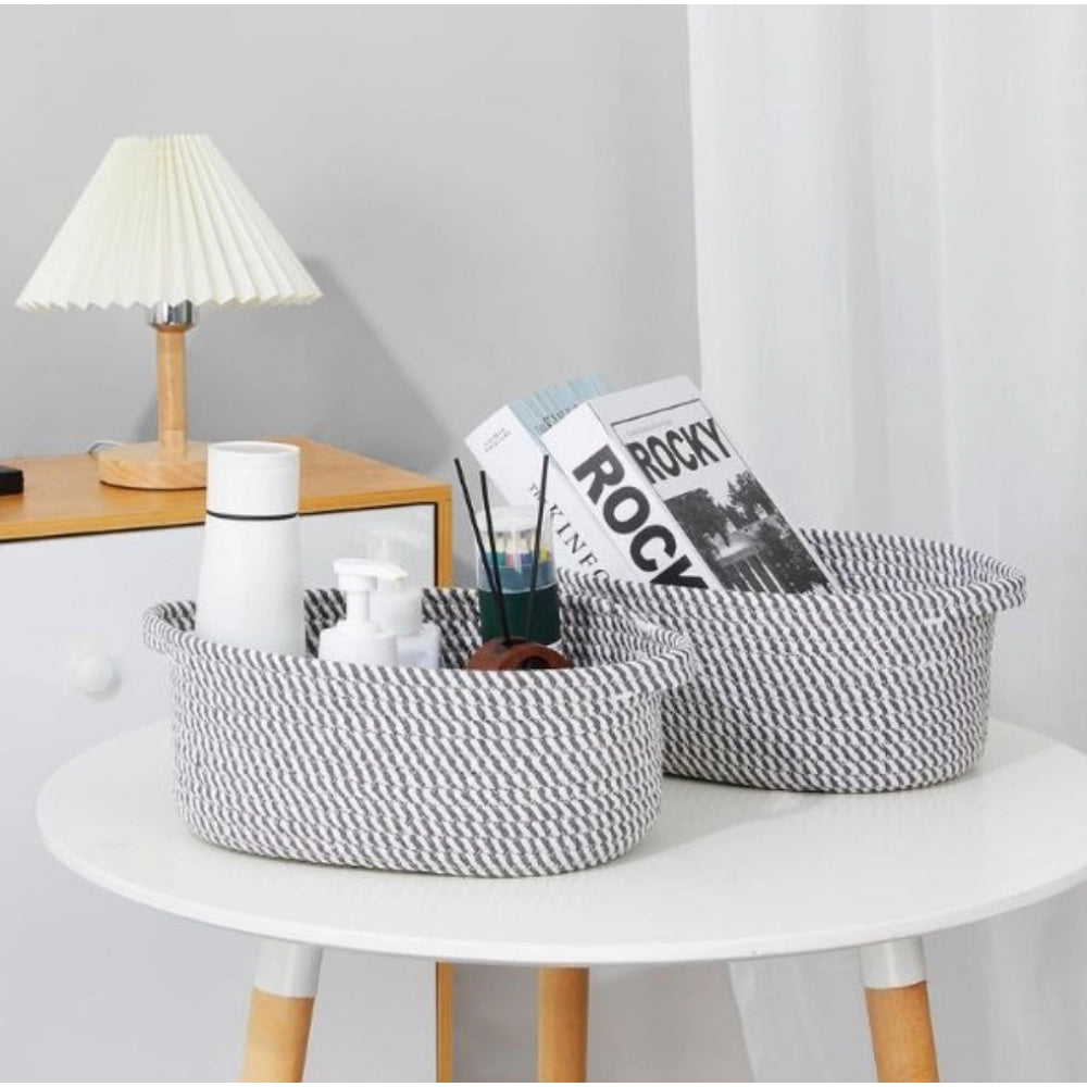 Generic Cotton 10x7x4 Inch 2 Pcs Oval Storage Basket For Clothes (Grey) Main image