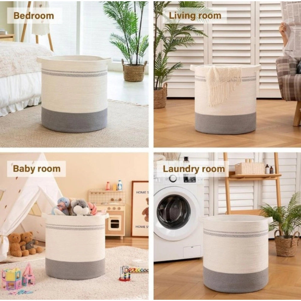 Generic Cotton Pack Of_1 12x14 Inch Storage Basket For Clothes (Grey-White) Main image