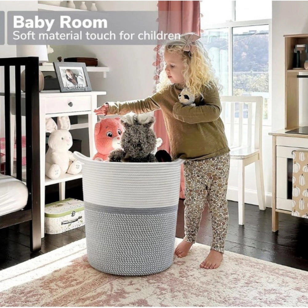 Generic Cotton Pack Of_1 12x14 Inch Storage Basket For Clothes (Grey-White) Main image