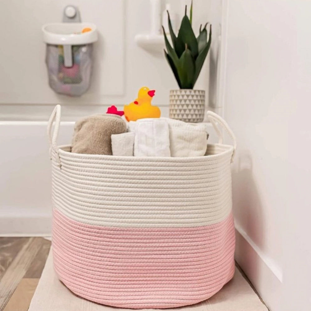 Generic Cotton Pack Of_1 14x12 Inch Laundry Storage Basket For Clothes (Pink-White) Main image