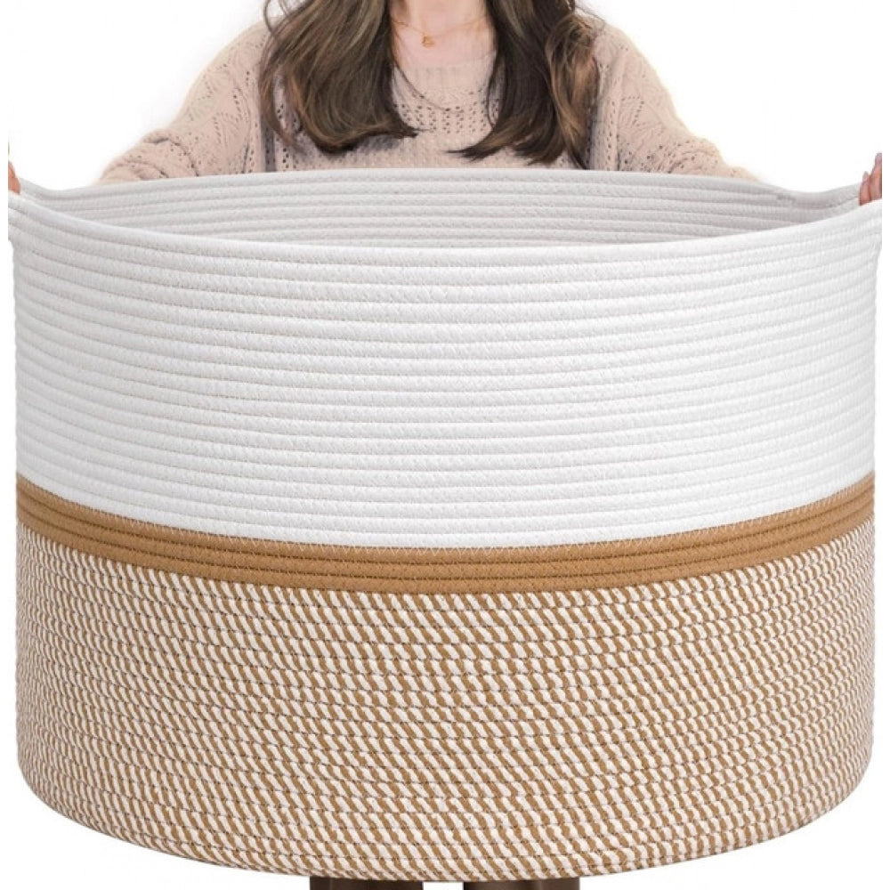 Generic Cotton Dori 16x14 Inch Storage Basket For Clothes With Out Lid (White-Beige-White) Secondary image