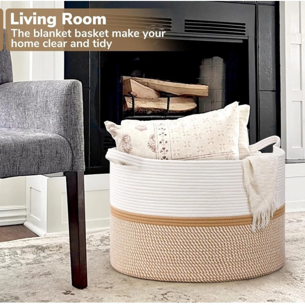 Generic Cotton Dori 16x14 Inch Storage Basket For Clothes With Out Lid (White-Beige-White) Main image