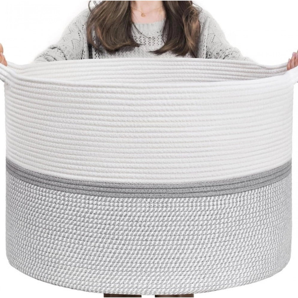 Generic Cotton Dori 16x14 Inch Storage Basket For Clothes With Out Lid (White-Gray-White) Secondary image
