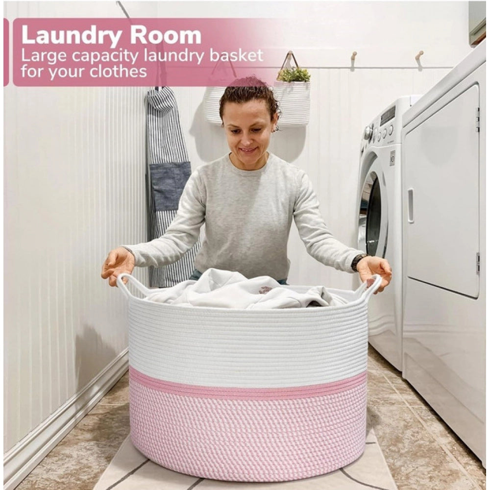 Generic Cotton Dori 16x14 Inch Storage Basket For Clothes With Out Lid (White-Pink-White) Main image