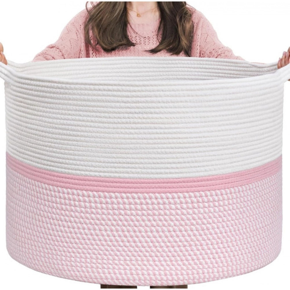Generic Cotton Dori 16x14 Inch Storage Basket For Clothes With Out Lid (White-Pink-White) Secondary image