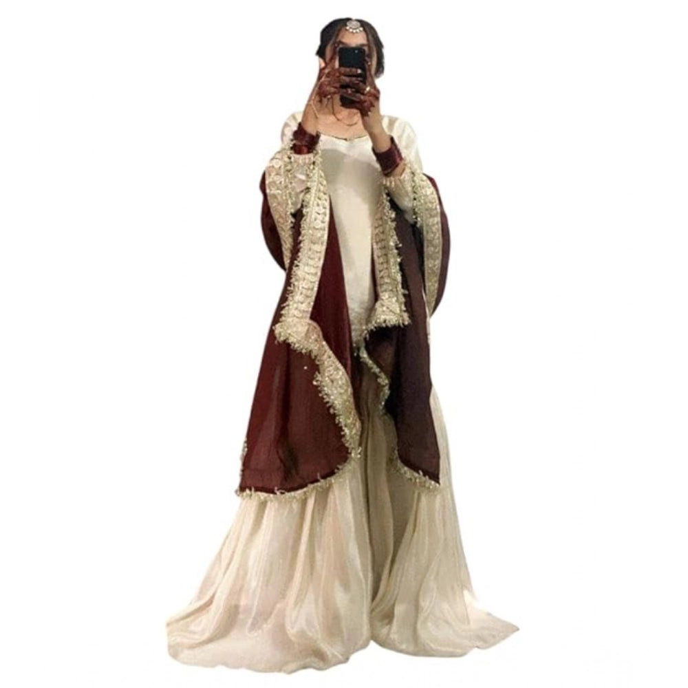 Generic Women's Silk Embroidered 3/4th Sleeve V-Neck Kurti With Sharara Pant and Dupatta Set (Cream &amp; Brown) Secondary image