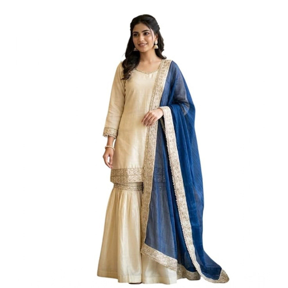 Generic Women's Silk Embroidered 3/4th Sleeve V-Neck Kurti With Sharara Pant and Dupatta Set (Cream &amp; Blue) Secondary image