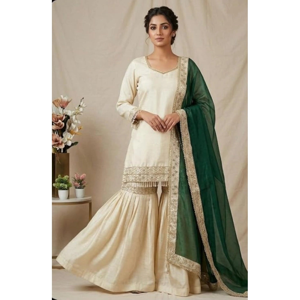 Generic Women's Silk Embroidered 3/4th Sleeve V-Neck Kurti With Sharara Pant and Dupatta Set (Cream &amp; Bottle Green) Main image