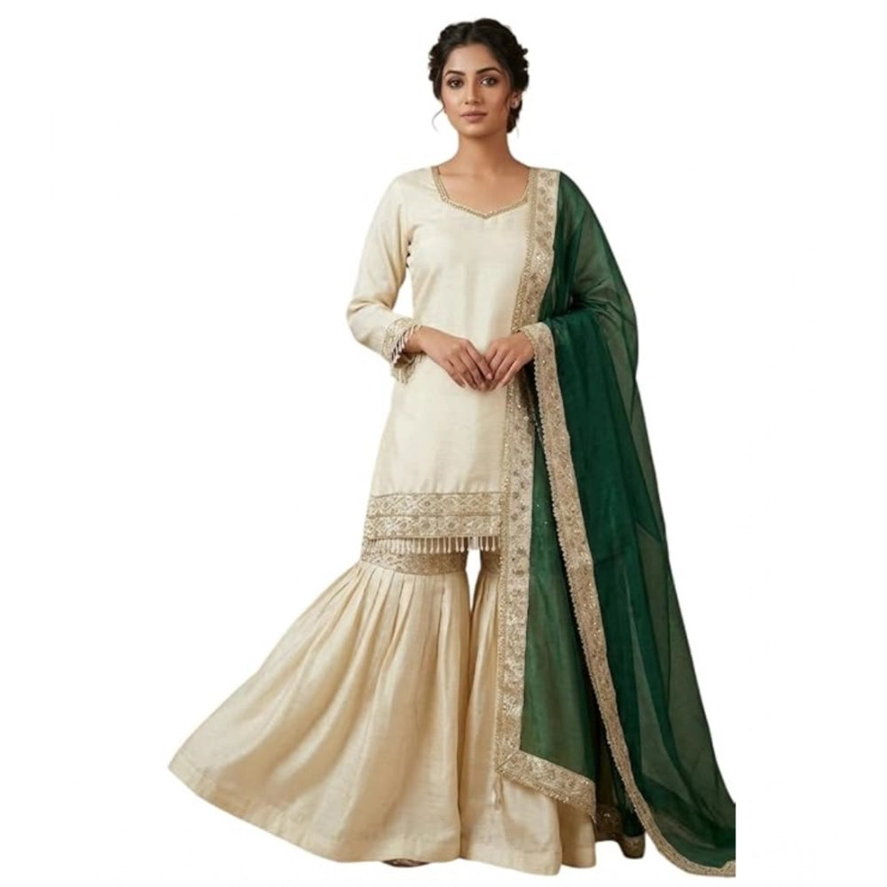 Generic Women's Silk Embroidered 3/4th Sleeve V-Neck Kurti With Sharara Pant and Dupatta Set (Cream &amp; Bottle Green) Secondary image
