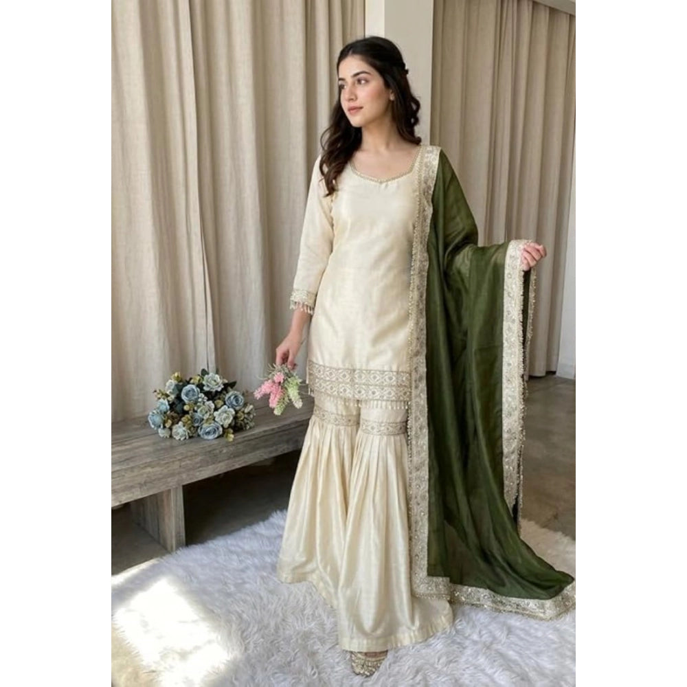 Generic Women's Silk Embroidered 3/4th Sleeve V-Neck Kurti With Sharara Pant and Dupatta Set (Cream &amp; Green) Main image
