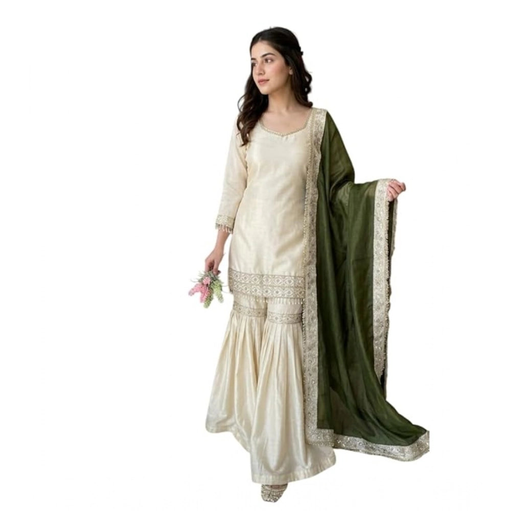 Generic Women's Silk Embroidered 3/4th Sleeve V-Neck Kurti With Sharara Pant and Dupatta Set (Cream &amp; Green) Secondary image