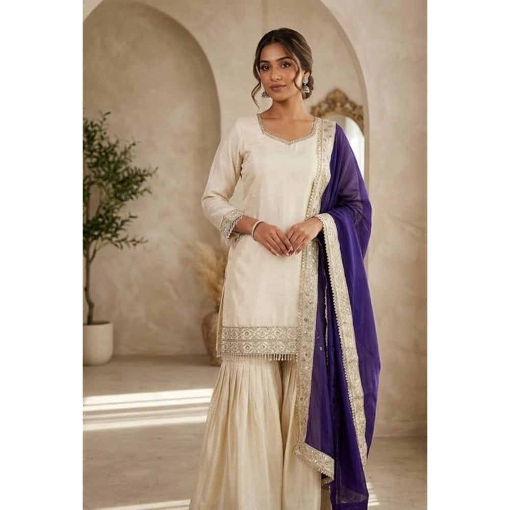 Generic Women's Silk Embroidered 3/4th Sleeve V-Neck Kurti With Sharara Pant and Dupatta Set (Cream &amp; Purple) Main image