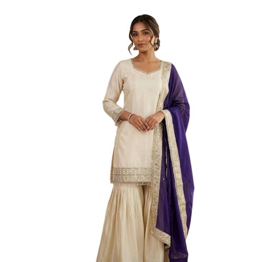 Generic Women's Silk Embroidered 3/4th Sleeve V-Neck Kurti With Sharara Pant and Dupatta Set (Cream &amp; Purple) Secondary image