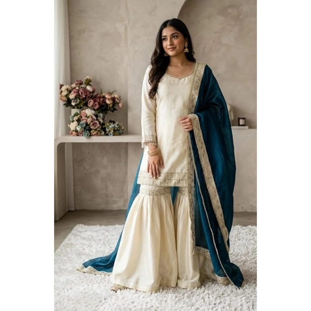 Generic Women's Silk Embroidered 3/4th Sleeve V-Neck Kurti With Sharara Pant and Dupatta Set (Cream &amp; Teal) Main image