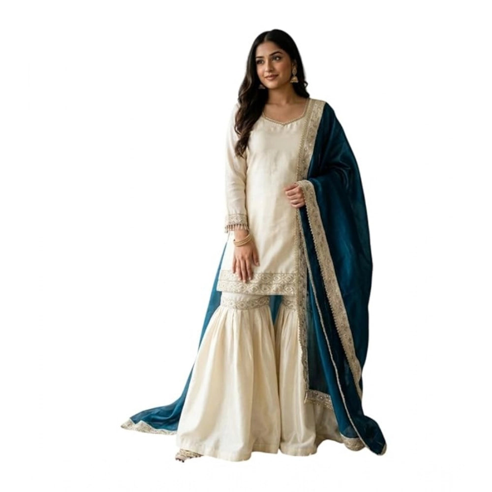 Generic Women's Silk Embroidered 3/4th Sleeve V-Neck Kurti With Sharara Pant and Dupatta Set (Cream &amp; Teal) Secondary image