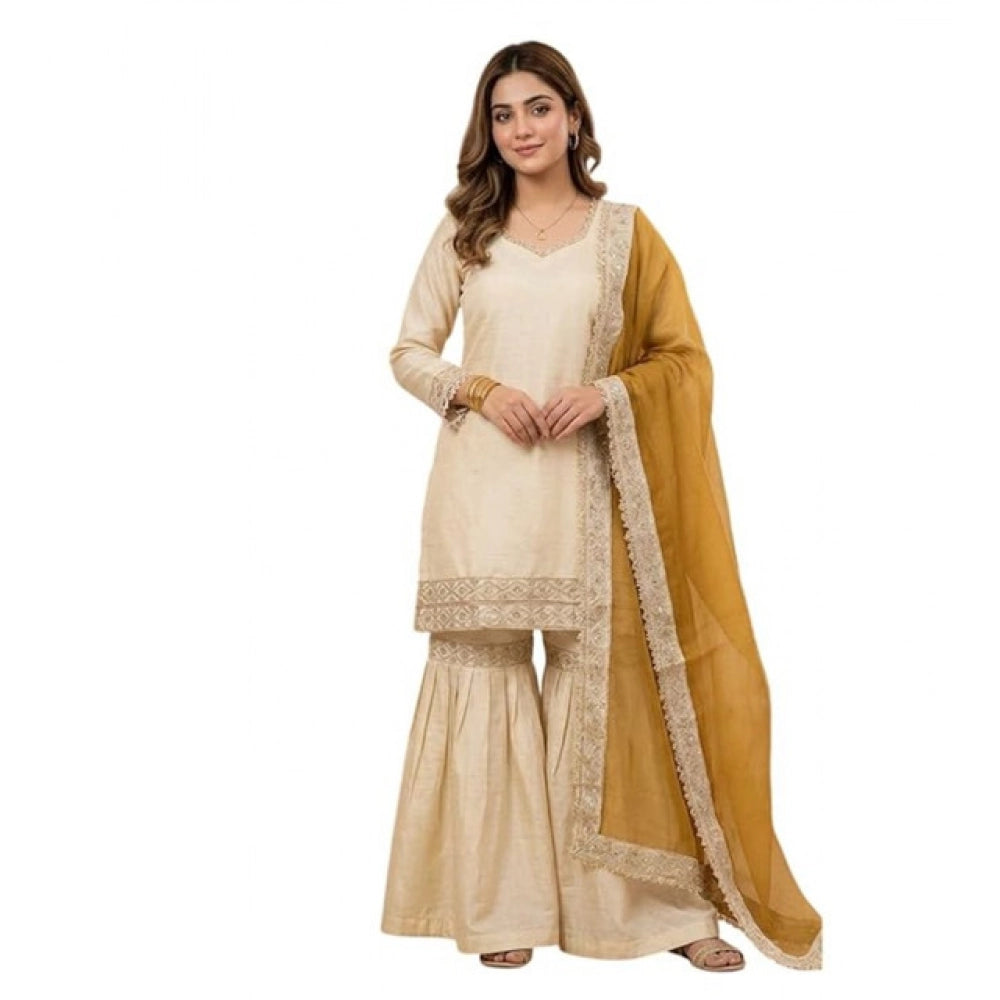 Generic Women's Silk Embroidered 3/4th Sleeve V-Neck Kurti With Sharara Pant and Dupatta Set (Cream &amp; Yellow) Secondary image