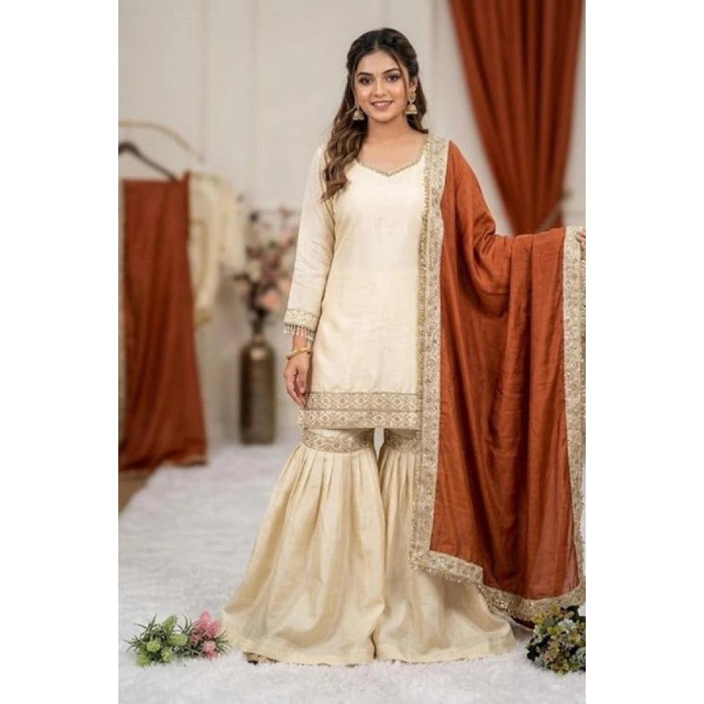 Generic Women's Silk Embroidered 3/4th Sleeve V-Neck Kurti With Sharara Pant and Dupatta Set (Cream &amp; Orange) Main image
