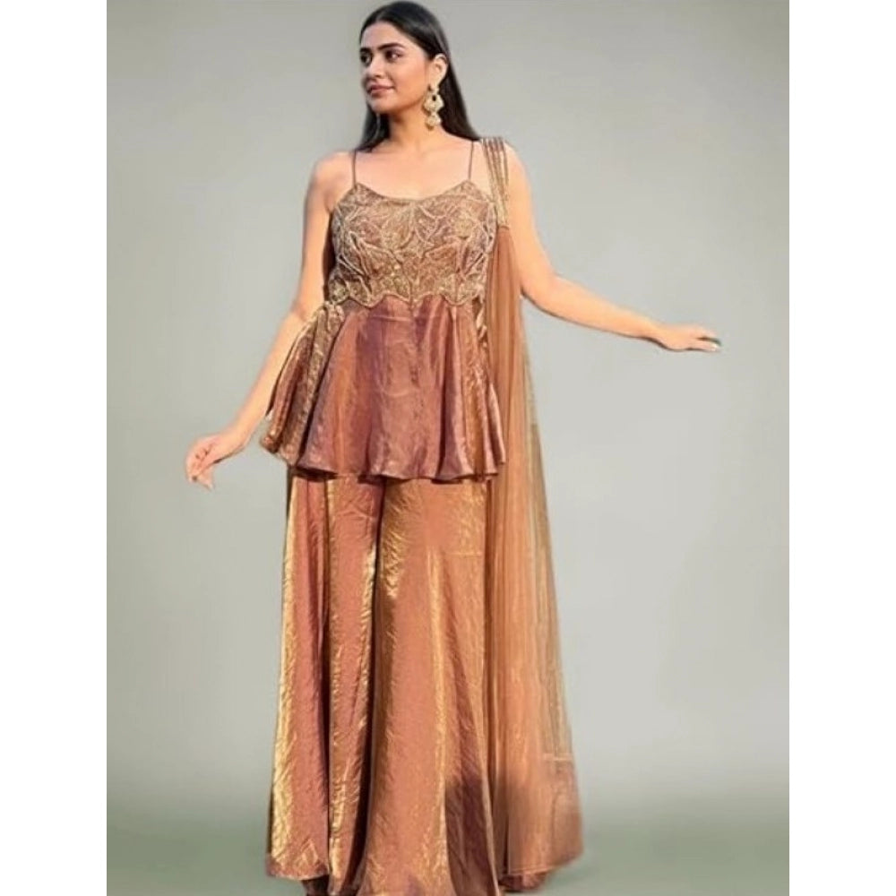 Generic Women's Silk Embroidered Sleeveless Round Kurti With Palazzo Pant and Dupatta Set (Brown) Main image