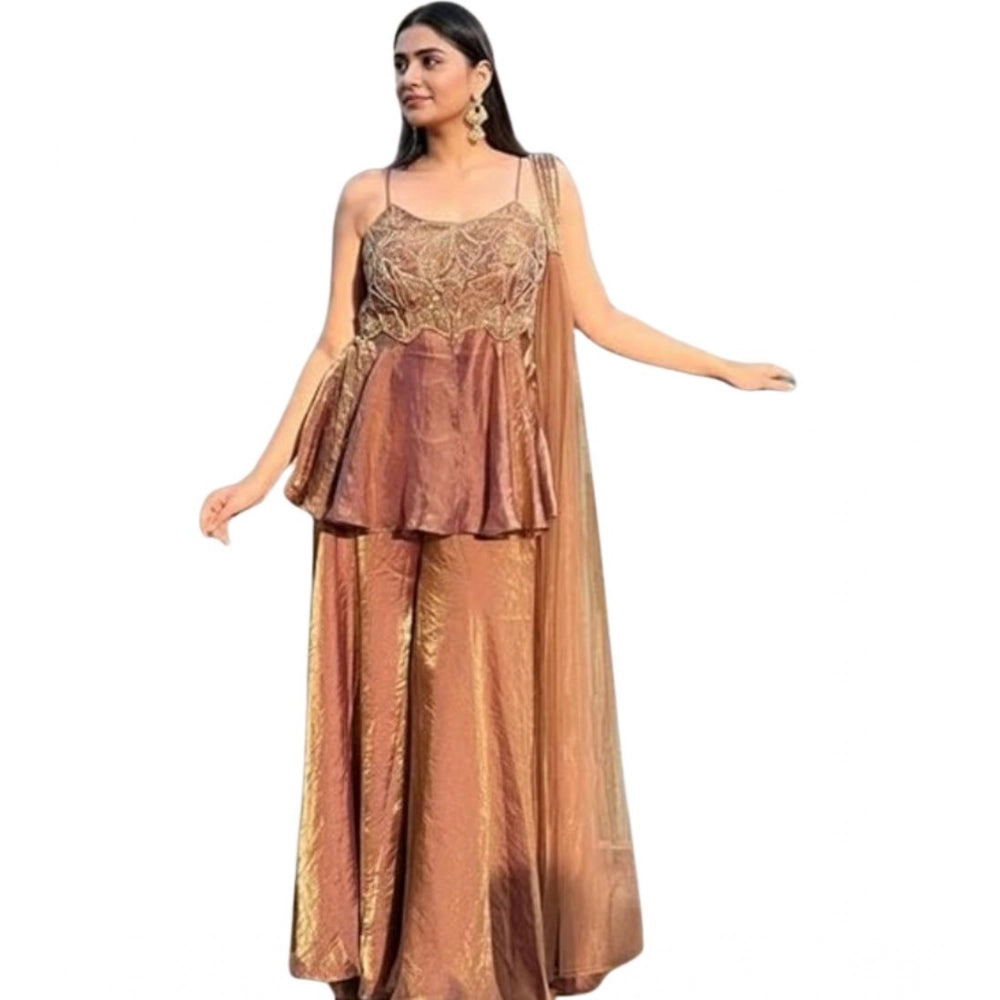 Generic Women's Silk Embroidered Sleeveless Round Kurti With Palazzo Pant and Dupatta Set (Brown) Secondary image