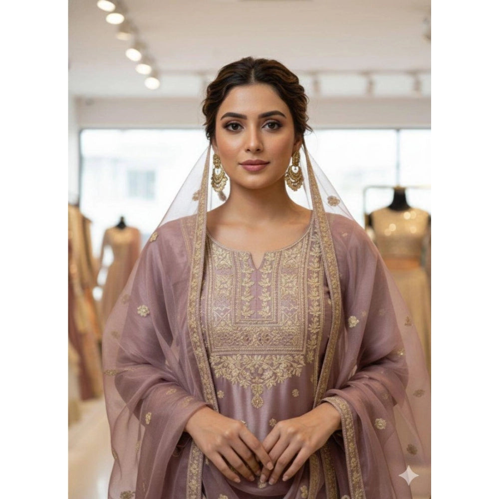 Generic Women's Silk Embroidered 3/4th Sleeve Round Kurti With Sharara Pant and Dupatta Set (Purple) Main image